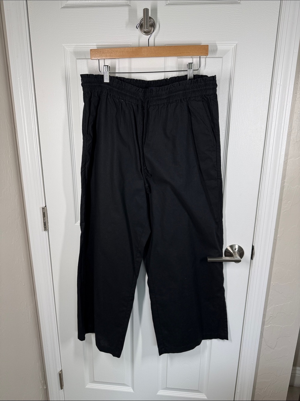 J Crew black linen & cotton elastic drawstring waist wide leg pants size large